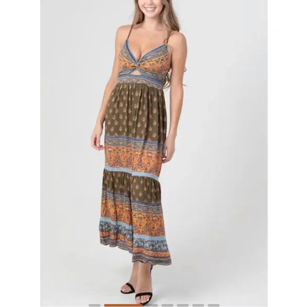 Angie Olive and Orange Boho Maxi Dress with Blue Accents